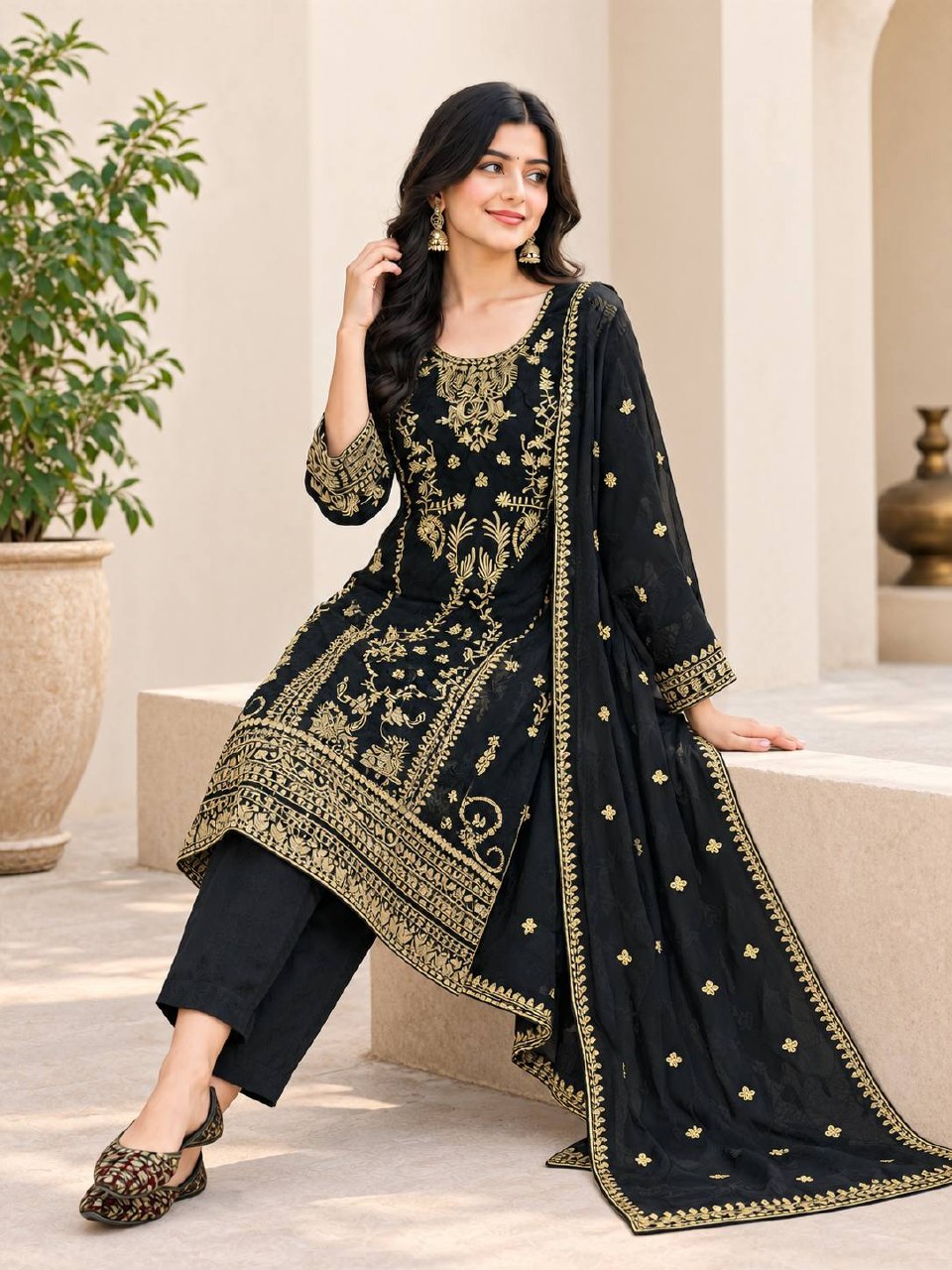 Aarzoo Korean Satin Silk Sequin Embroidered Top Pant Set with Heavy Tabby Organza Dupatta