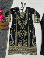 Aarzoo Korean Satin Silk Sequin Embroidered Top Pant Set with Heavy Tabby Organza Dupatta