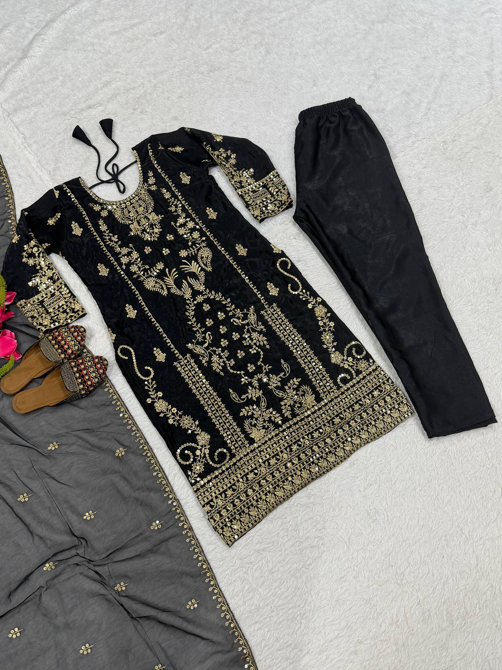 Aarzoo Korean Satin Silk Sequin Embroidered Top Pant Set with Heavy Tabby Organza Dupatta