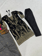 Aarzoo Korean Satin Silk Sequin Embroidered Top Pant Set with Heavy Tabby Organza Dupatta