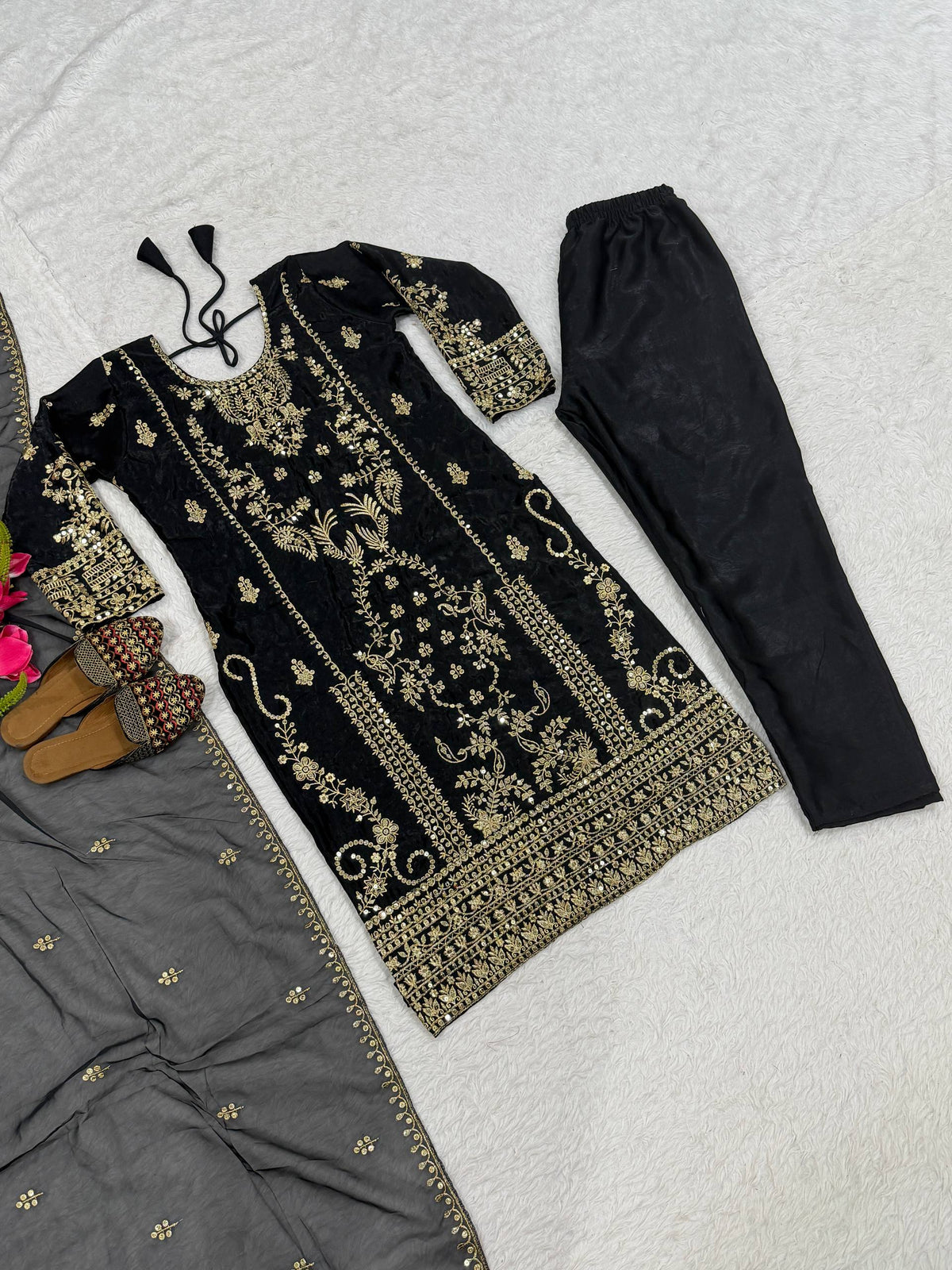 Aarzoo Korean Satin Silk Sequin Embroidered Top Pant Set with Heavy Tabby Organza Dupatta