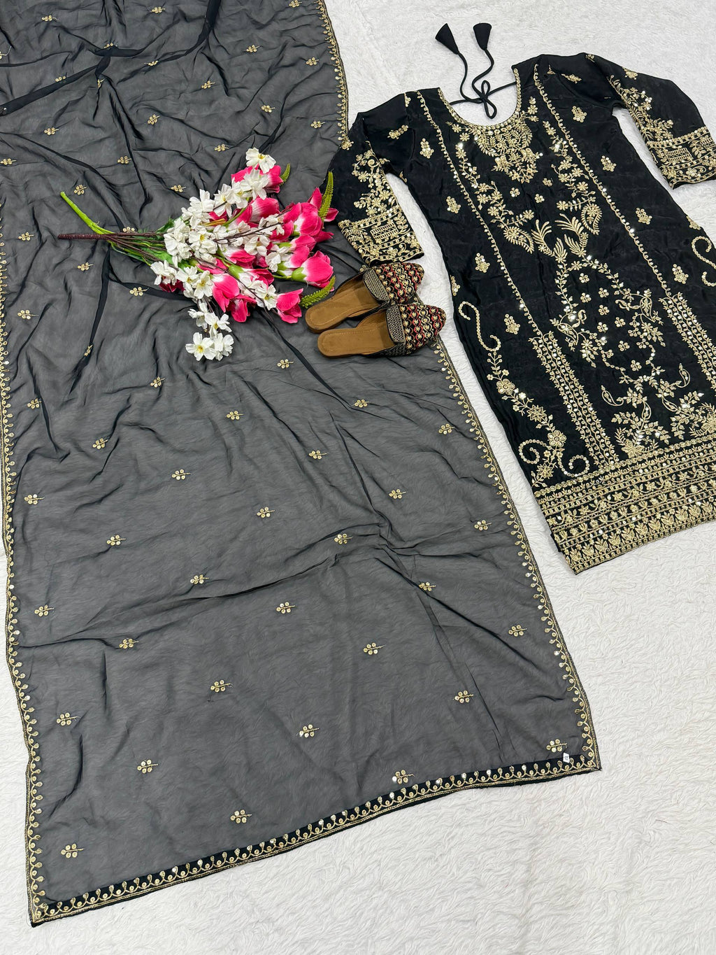 Aarzoo Korean Satin Silk Sequin Embroidered Top Pant Set with Heavy Tabby Organza Dupatta