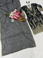 Aarzoo Korean Satin Silk Sequin Embroidered Top Pant Set with Heavy Tabby Organza Dupatta