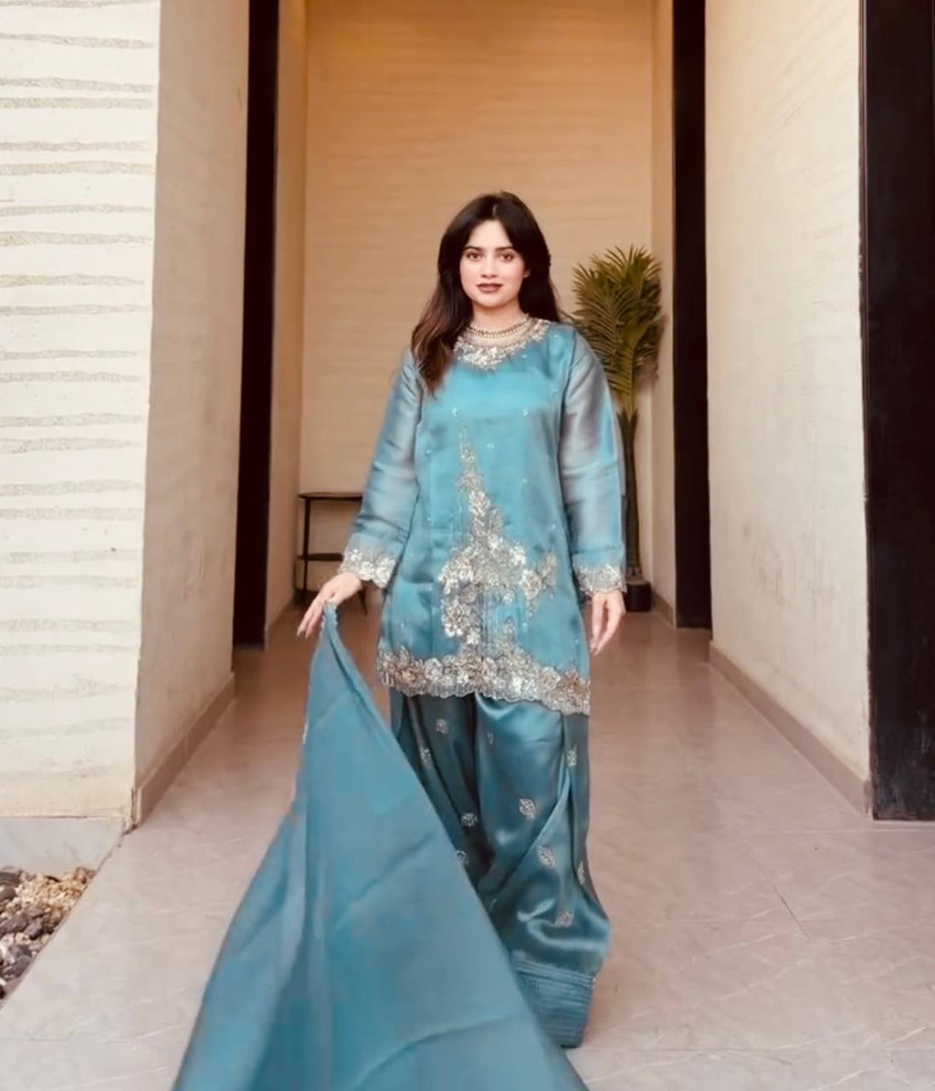 Luxury Farshi Suit with Embroidery Coding Thread Sequence Work