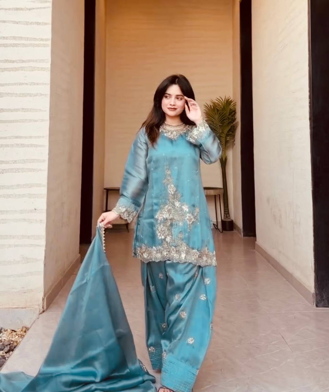 Luxury Farshi Suit with Embroidery Coding Thread Sequence Work