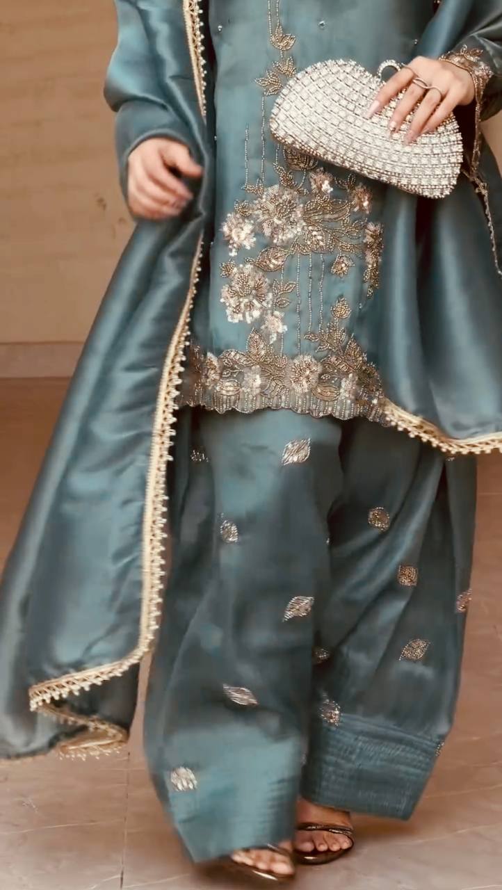 Luxury Farshi Suit with Embroidery Coding Thread Sequence Work