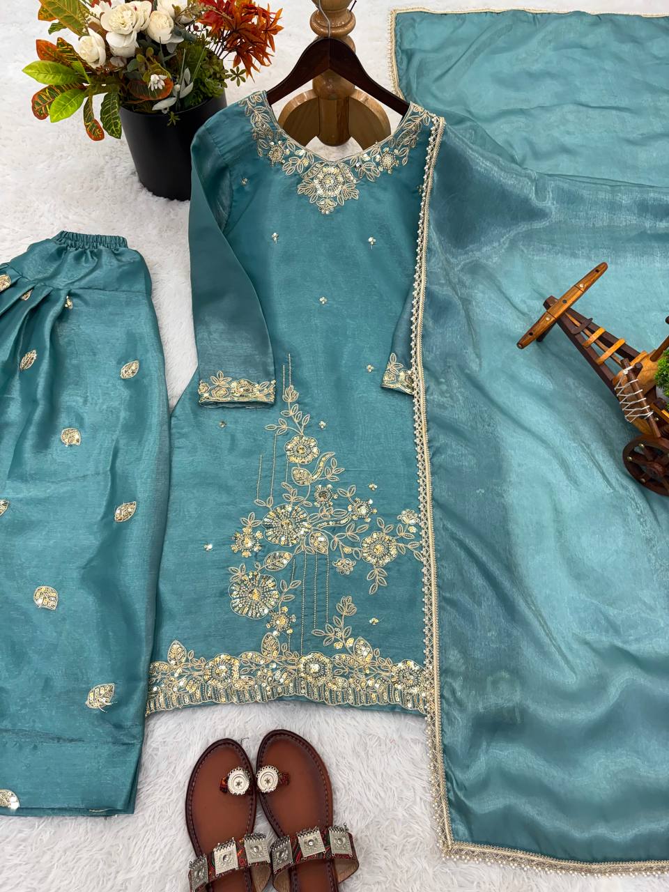 Luxury Farshi Suit with Embroidery Coding Thread Sequence Work