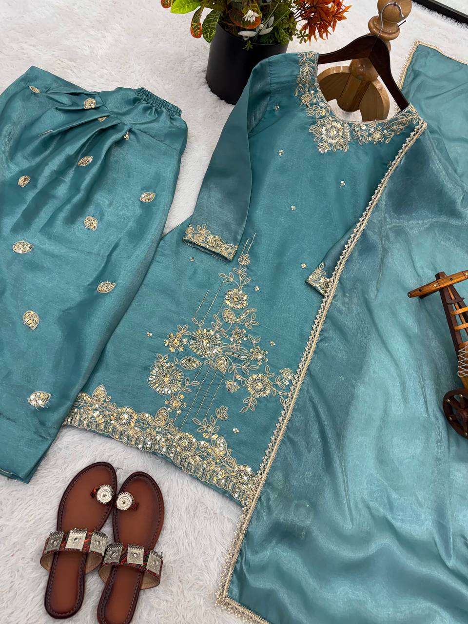 Luxury Farshi Suit with Embroidery Coding Thread Sequence Work