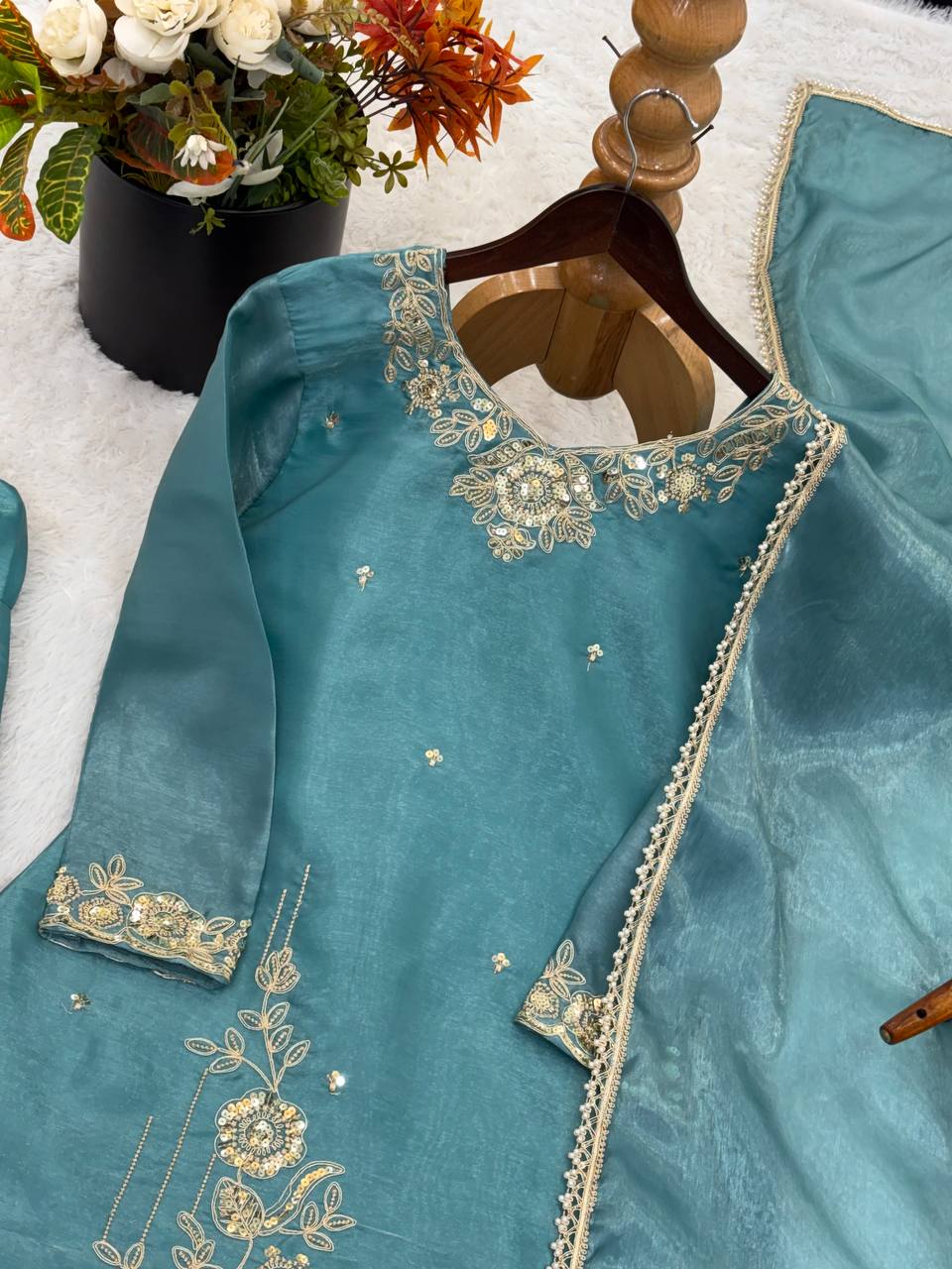 Luxury Farshi Suit with Embroidery Coding Thread Sequence Work
