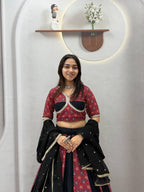 Gulnaar Navratri Pure Cotton Ajrak Lehenga Choli with Mirror Lace, 6 Meter Flair & Vintage Embroidered Sequin Dupatta