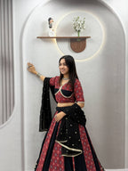 Gulnaar Navratri Pure Cotton Ajrak Lehenga Choli with Mirror Lace, 6 Meter Flair & Vintage Embroidered Sequin Dupatta