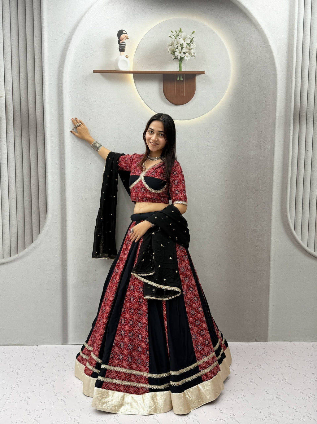 Gulnaar Navratri Pure Cotton Ajrak Lehenga Choli with Mirror Lace, 6 Meter Flair & Vintage Embroidered Sequin Dupatta