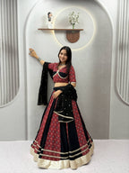Gulnaar Navratri Pure Cotton Ajrak Lehenga Choli with Mirror Lace, 6 Meter Flair & Vintage Embroidered Sequin Dupatta
