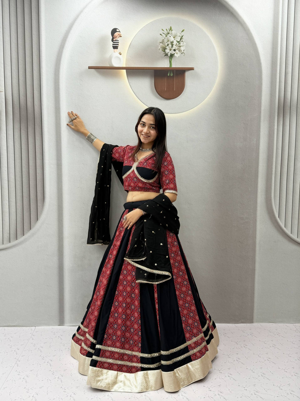 Gulnaar Navratri Pure Cotton Ajrak Lehenga Choli with Mirror Lace, 6 Meter Flair & Vintage Embroidered Sequin Dupatta