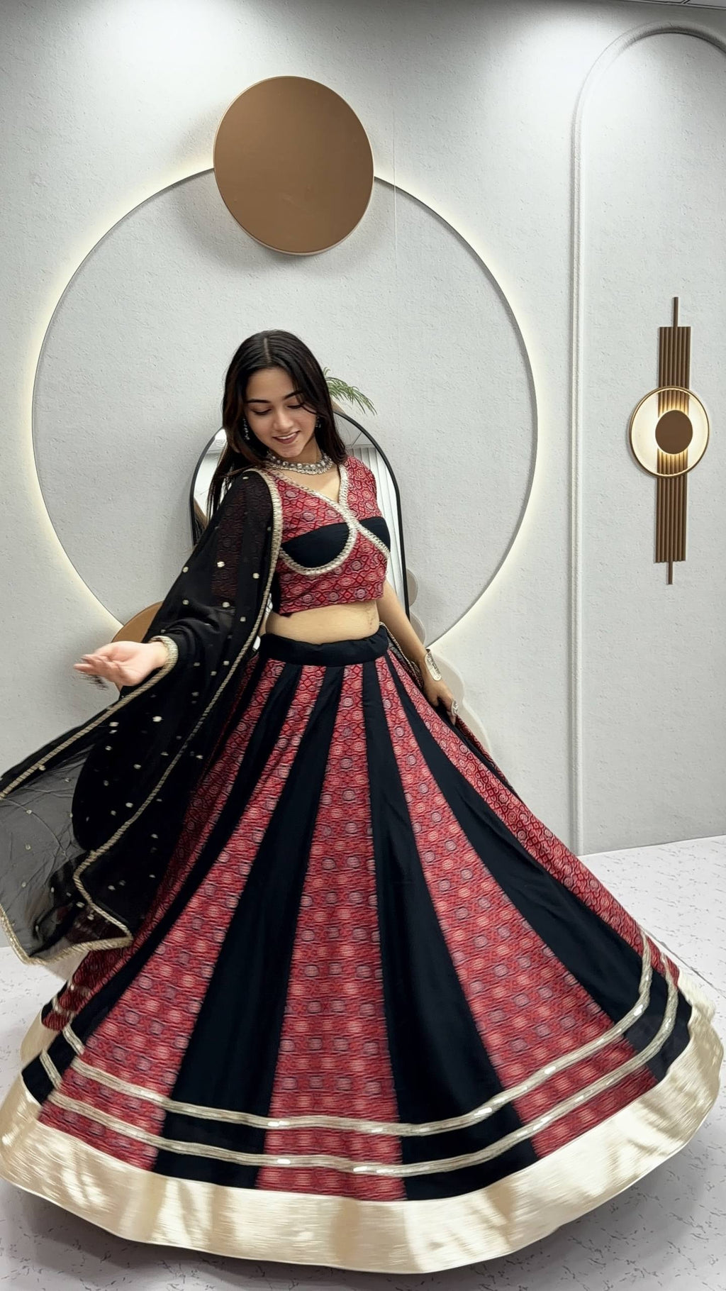 Gulnaar Navratri Pure Cotton Ajrak Lehenga Choli with Mirror Lace, 6 Meter Flair & Vintage Embroidered Sequin Dupatta
