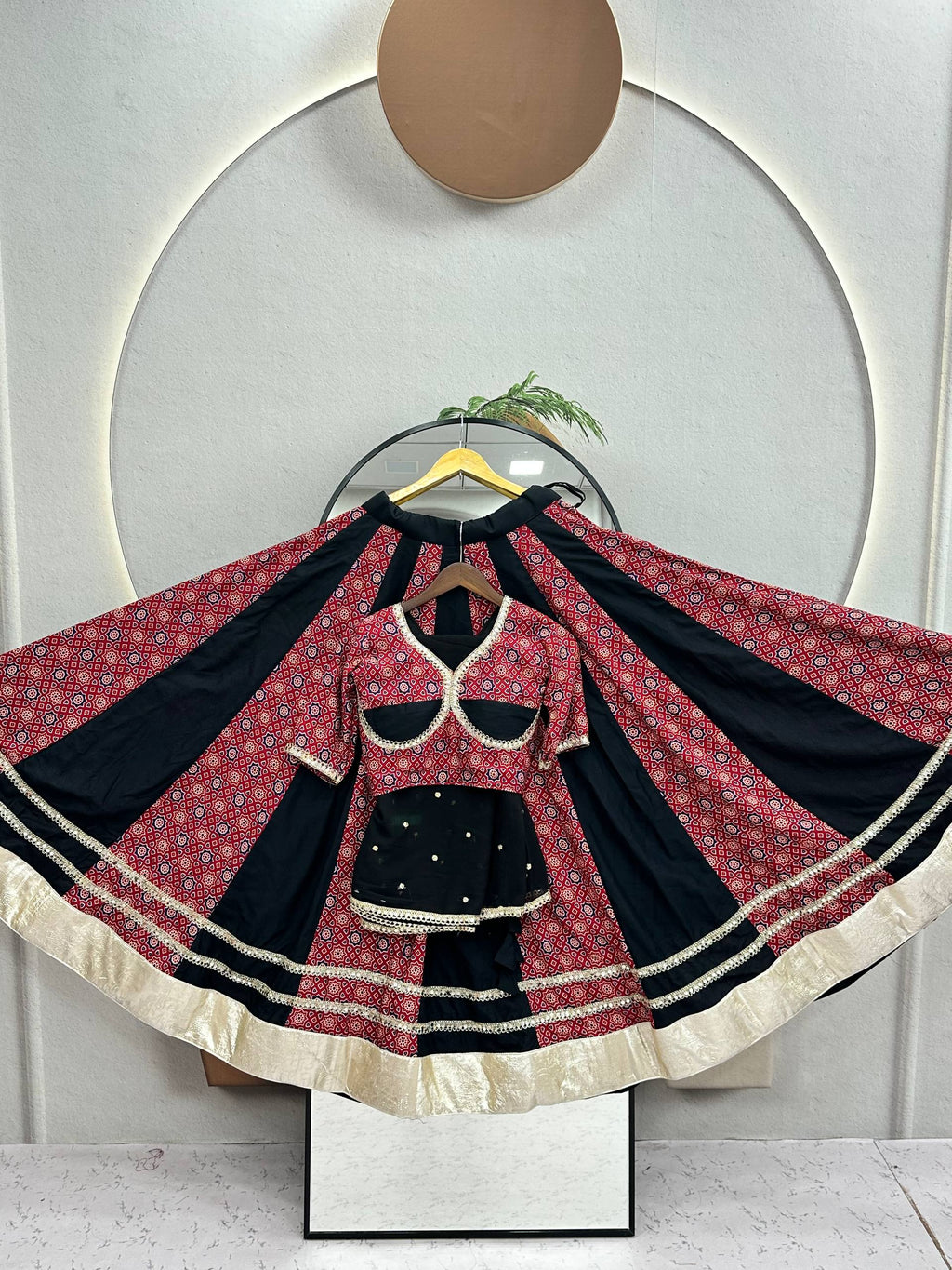 Gulnaar Navratri Pure Cotton Ajrak Lehenga Choli with Mirror Lace, 6 Meter Flair & Vintage Embroidered Sequin Dupatta