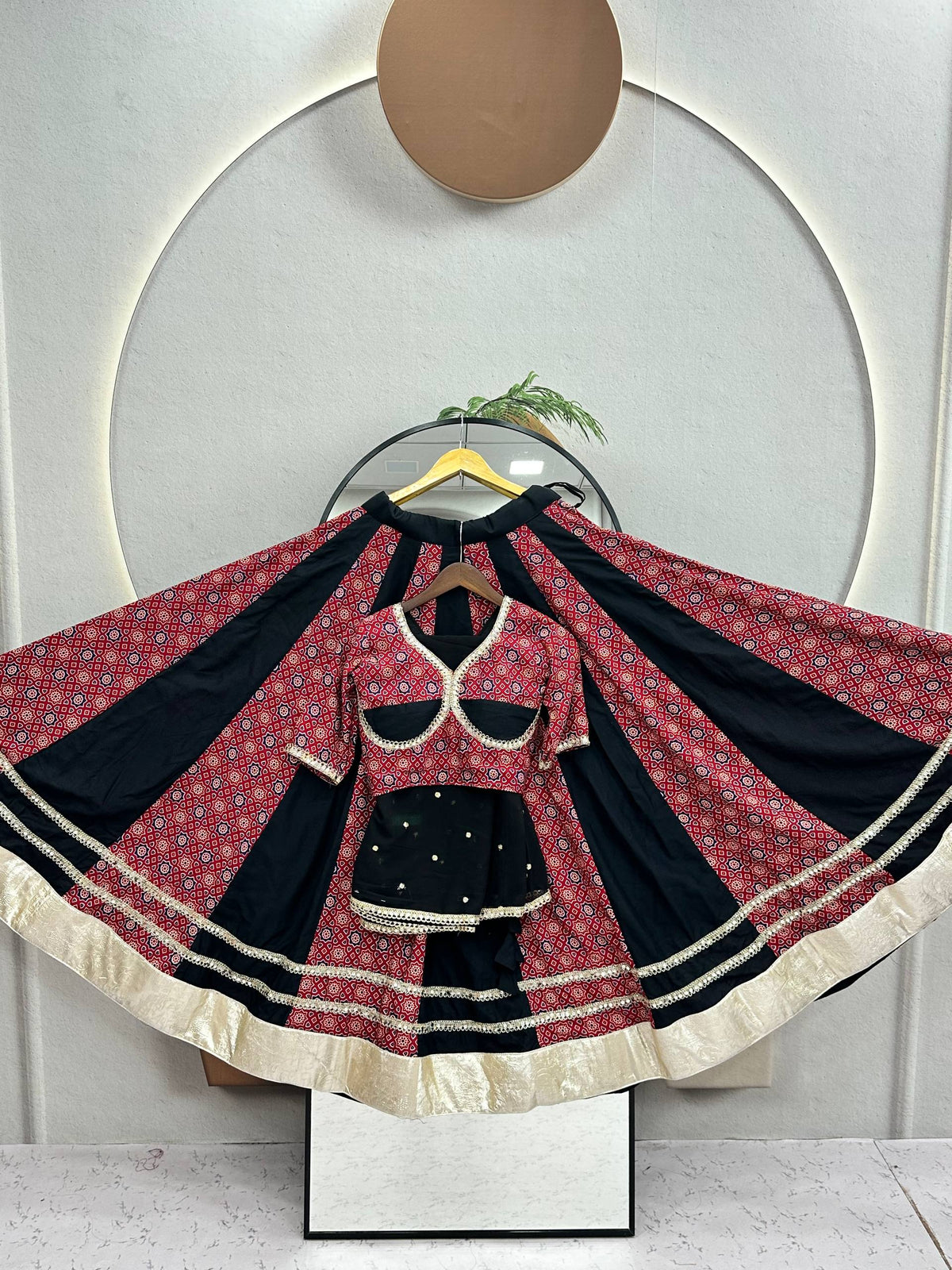 Gulnaar Navratri Pure Cotton Ajrak Lehenga Choli with Mirror Lace, 6 Meter Flair & Vintage Embroidered Sequin Dupatta