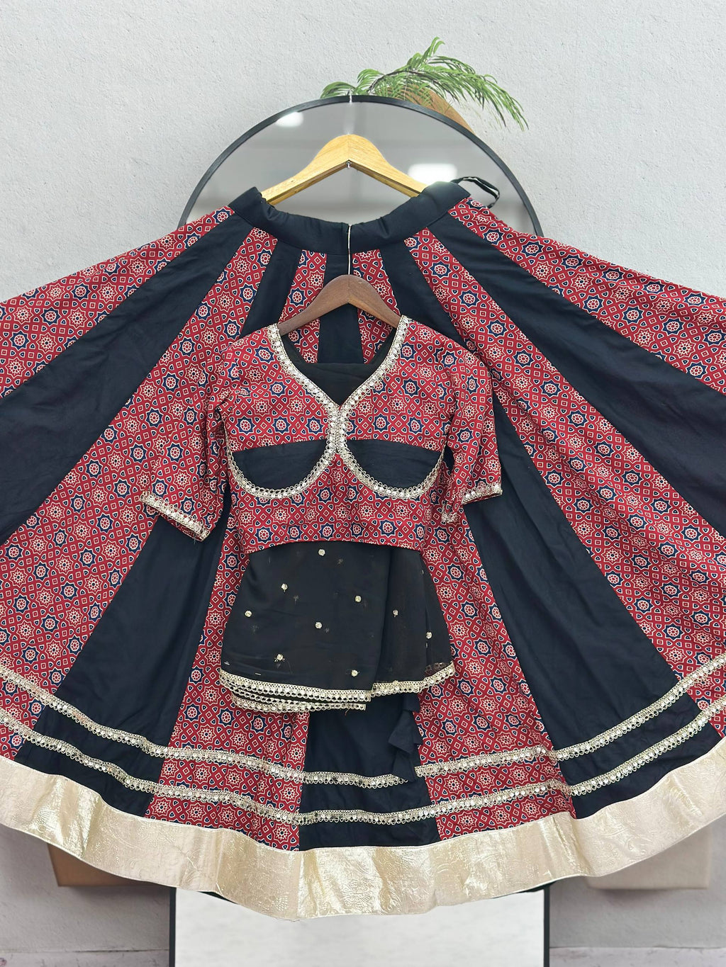 Gulnaar Navratri Pure Cotton Ajrak Lehenga Choli with Mirror Lace, 6 Meter Flair & Vintage Embroidered Sequin Dupatta