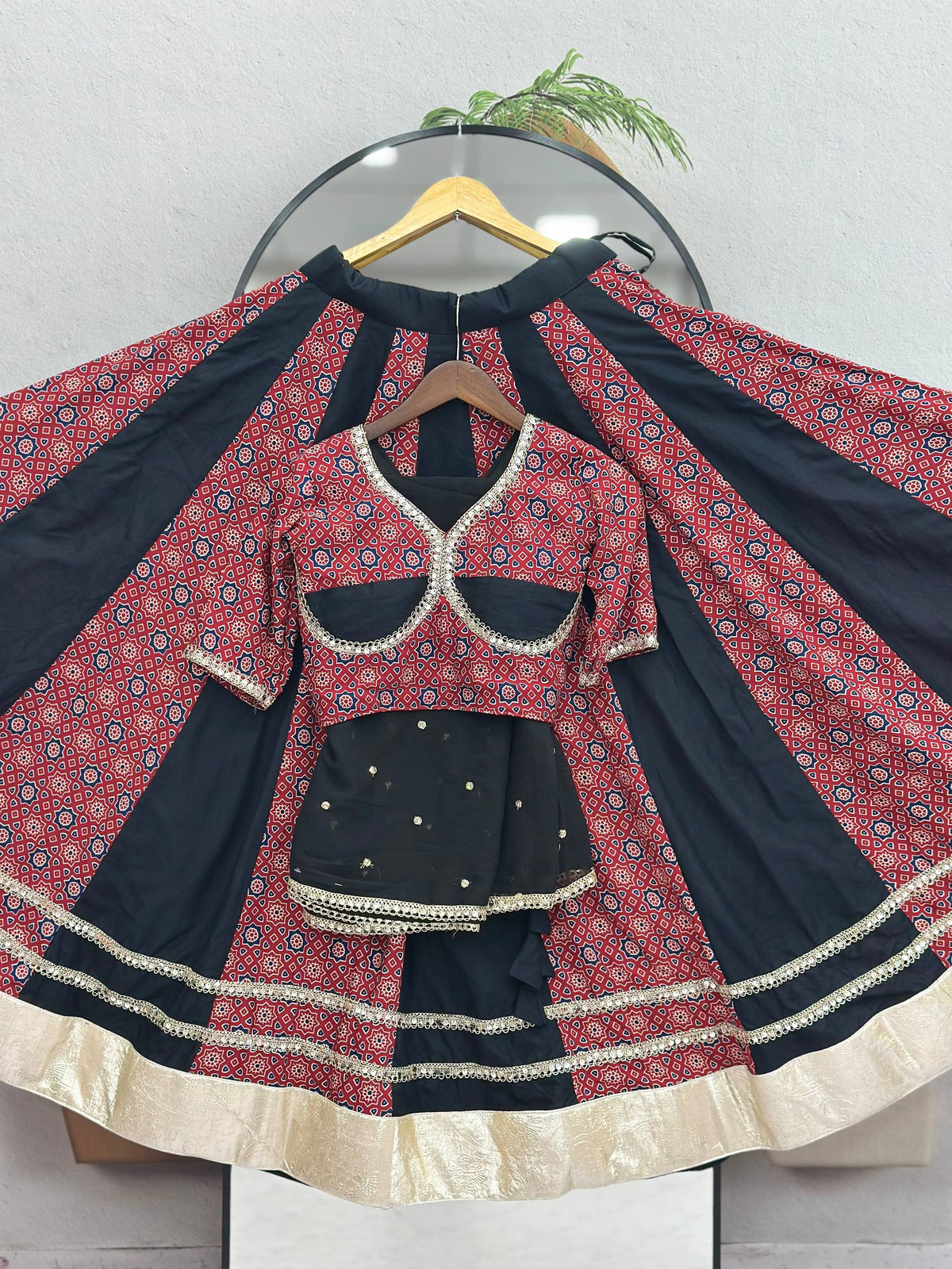 Gulnaar Navratri Pure Cotton Ajrak Lehenga Choli with Mirror Lace, 6 Meter Flair & Vintage Embroidered Sequin Dupatta