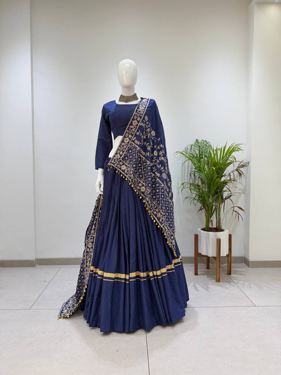 Avira Navratri Designer Rayon Lehenga Choli with 7 Meter Flair & Embroidered Mirror Work Dupatta