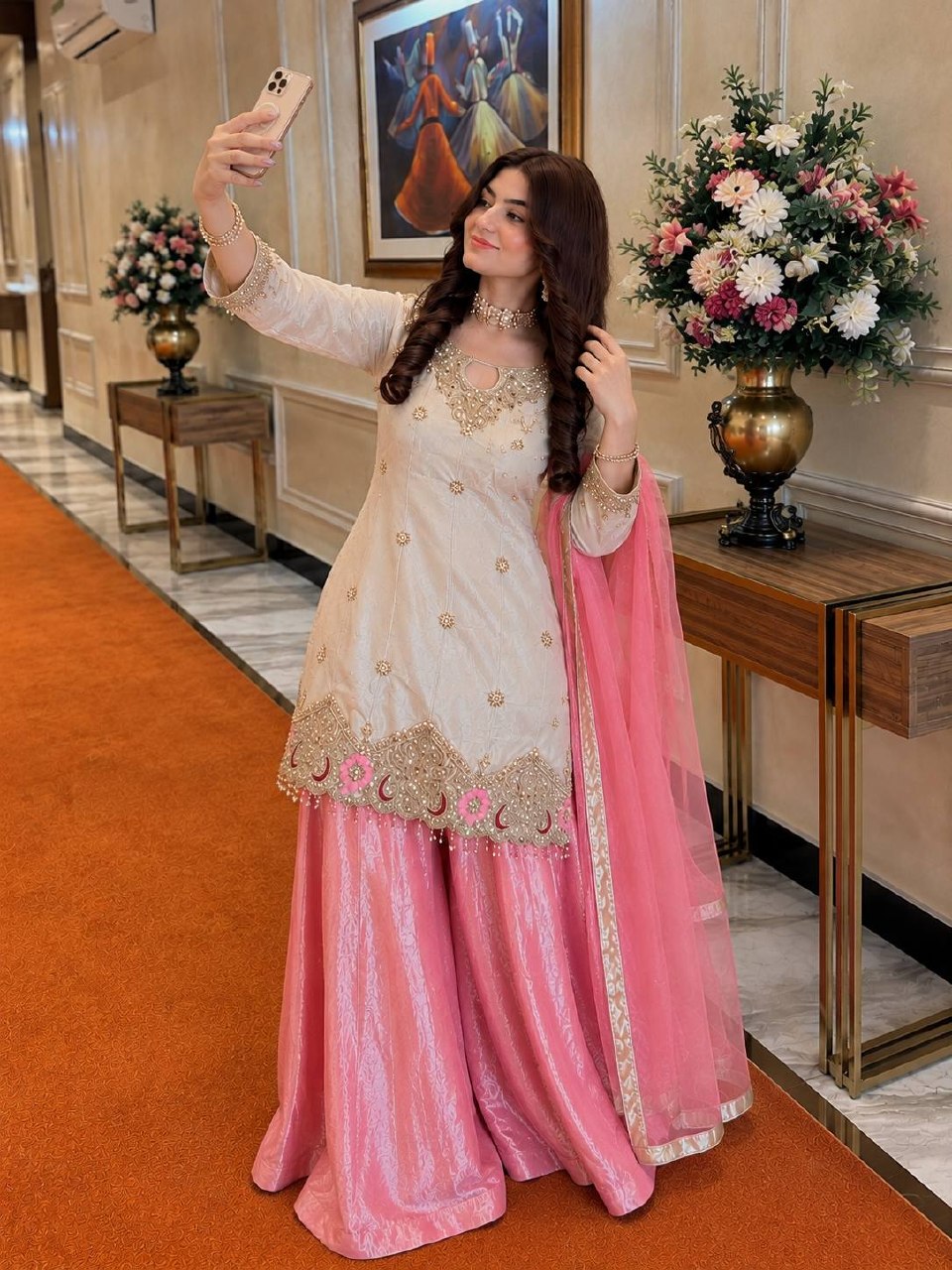 Eshaal Premium Fendy Silk Sequin Embroidered Kurti Palazzo Set with Organza Silk Dupatta
