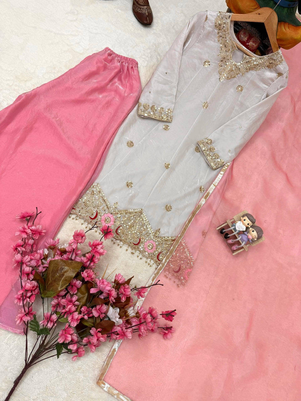 Eshaal Premium Fendy Silk Sequin Embroidered Kurti Palazzo Set with Organza Silk Dupatta