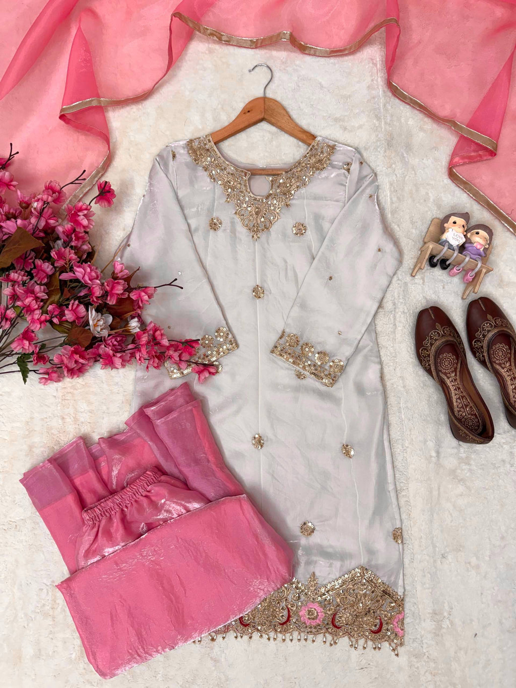 Eshaal Premium Fendy Silk Sequin Embroidered Kurti Palazzo Set with Organza Silk Dupatta