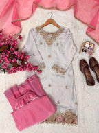 Eshaal Premium Fendy Silk Sequin Embroidered Kurti Palazzo Set with Organza Silk Dupatta