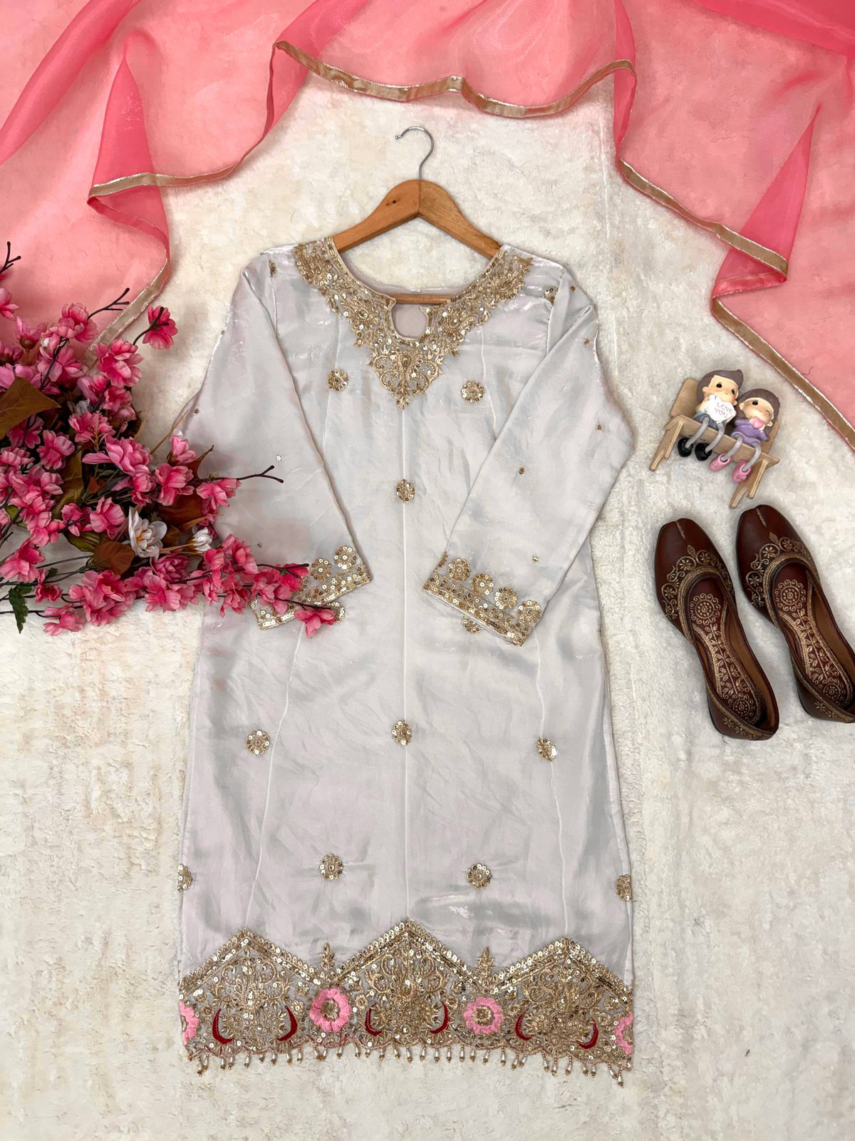Eshaal Premium Fendy Silk Sequin Embroidered Kurti Palazzo Set with Organza Silk Dupatta