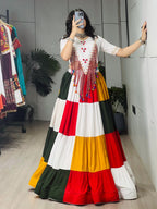 Navratri Chaniya Choli in Pure Rayon Cotton Multi-Coloured Frill Work & Hand Mirror Blouse