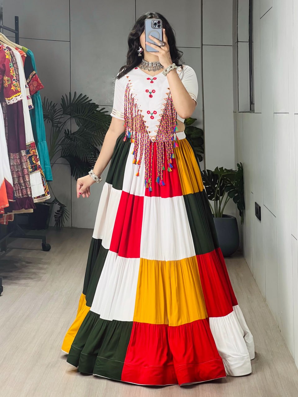 Navratri Chaniya Choli in Pure Rayon Cotton Multi-Coloured Frill Work & Hand Mirror Blouse