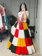 Navratri Chaniya Choli in Pure Rayon Cotton Multi-Coloured Frill Work & Hand Mirror Blouse