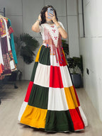 Navratri Chaniya Choli in Pure Rayon Cotton Multi-Coloured Frill Work & Hand Mirror Blouse