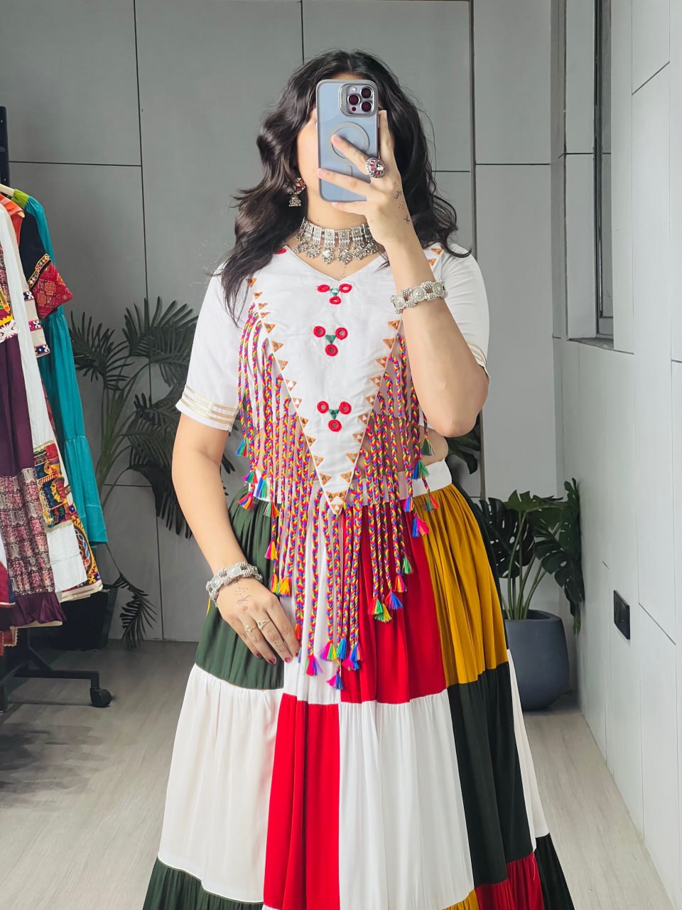 Navratri Chaniya Choli in Pure Rayon Cotton Multi-Coloured Frill Work & Hand Mirror Blouse