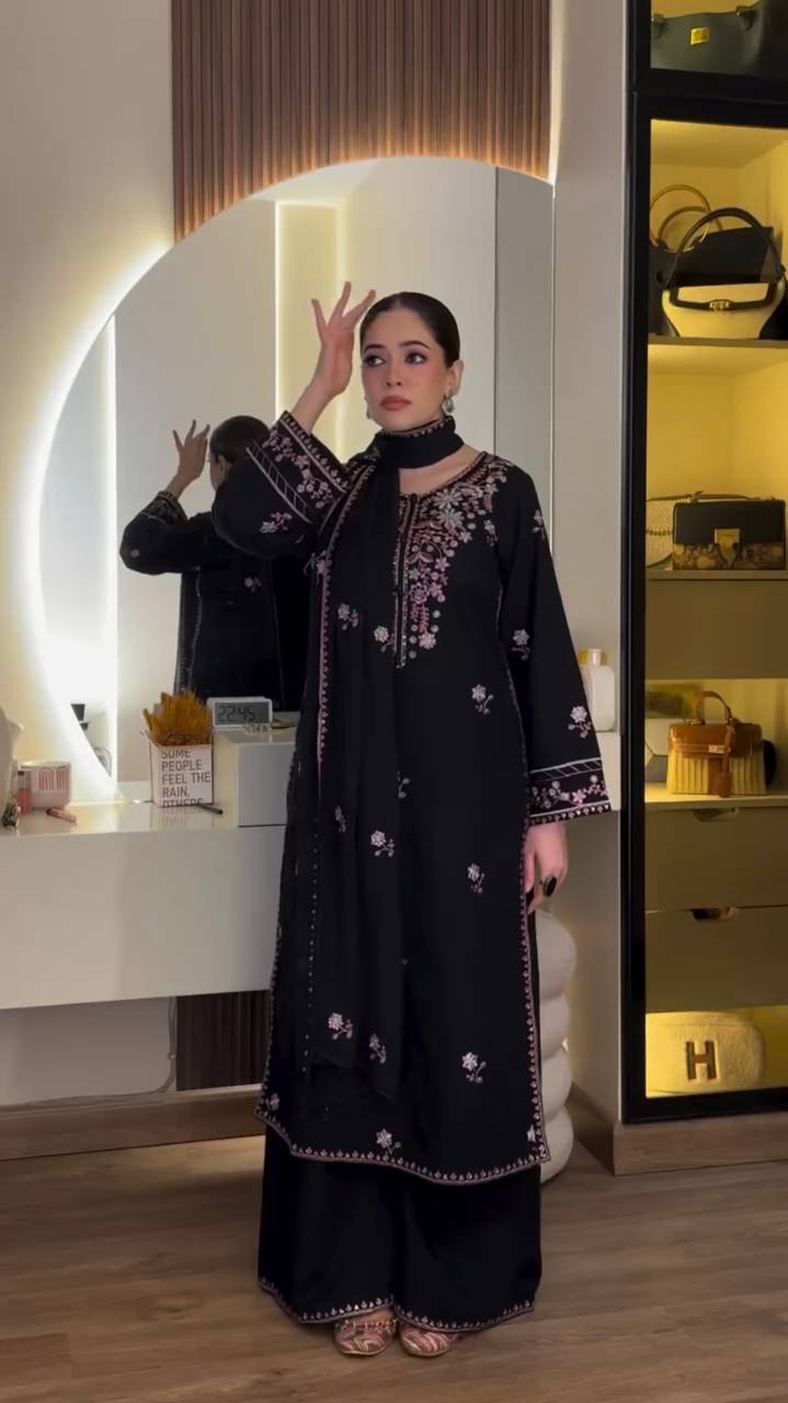 Rayon Satin Embroidered Top Palazzo Set with Potli Detailing, Sequin Work & Faux Georgette Dupatta