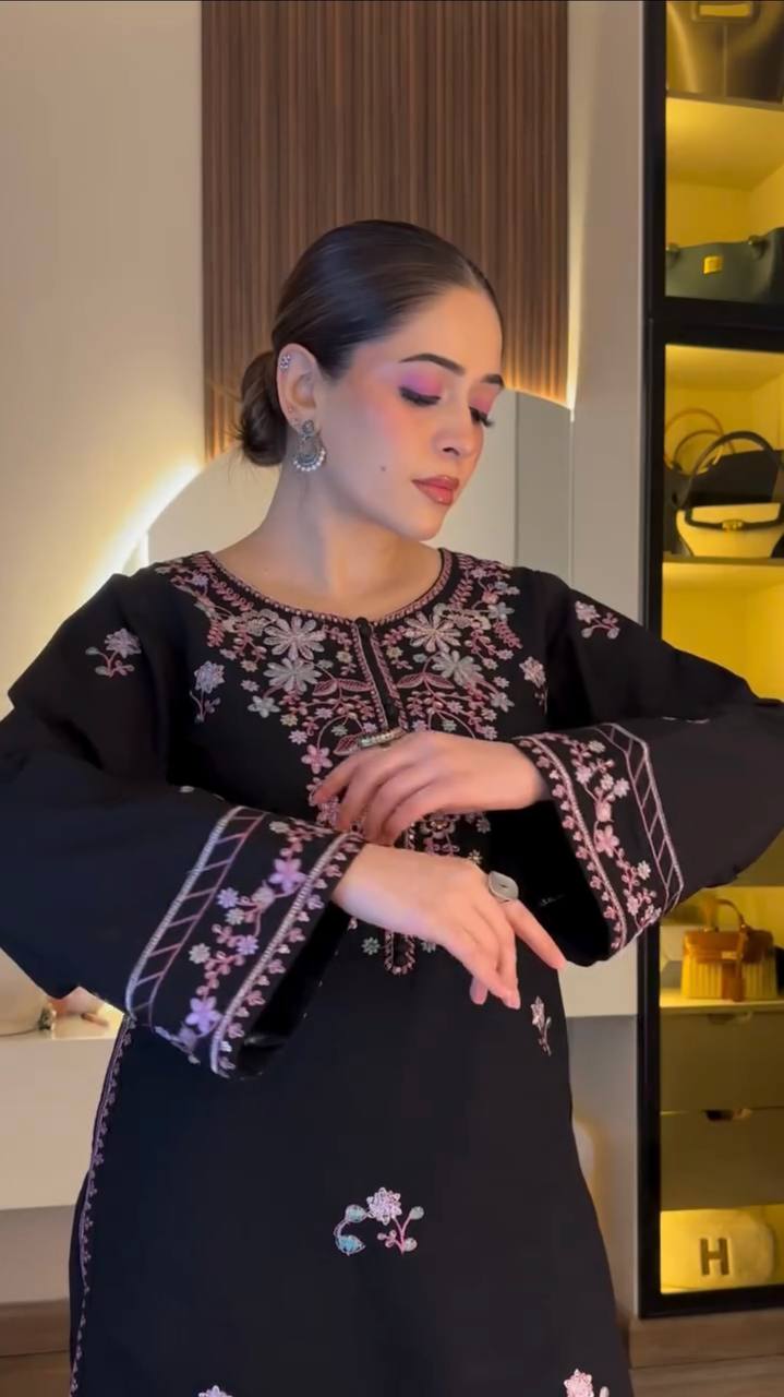 Rayon Satin Embroidered Top Palazzo Set with Potli Detailing, Sequin Work & Faux Georgette Dupatta