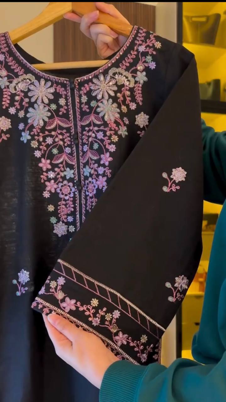 Rayon Satin Embroidered Top Palazzo Set with Potli Detailing, Sequin Work & Faux Georgette Dupatta
