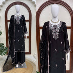 Rayon Satin Embroidered Top Palazzo Set with Potli Detailing, Sequin Work & Faux Georgette Dupatta