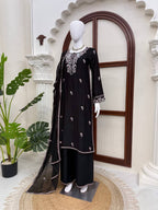 Rayon Satin Embroidered Top Palazzo Set with Potli Detailing, Sequin Work & Faux Georgette Dupatta