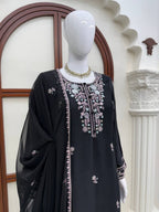 Rayon Satin Embroidered Top Palazzo Set with Potli Detailing, Sequin Work & Faux Georgette Dupatta