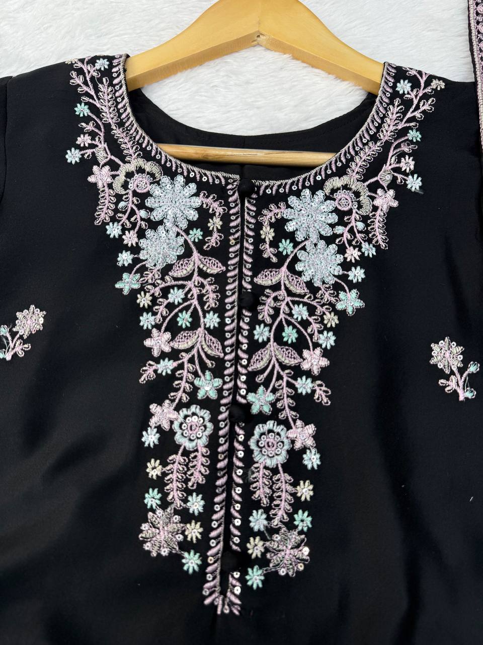 Rayon Satin Embroidered Top Palazzo Set with Potli Detailing, Sequin Work & Faux Georgette Dupatta