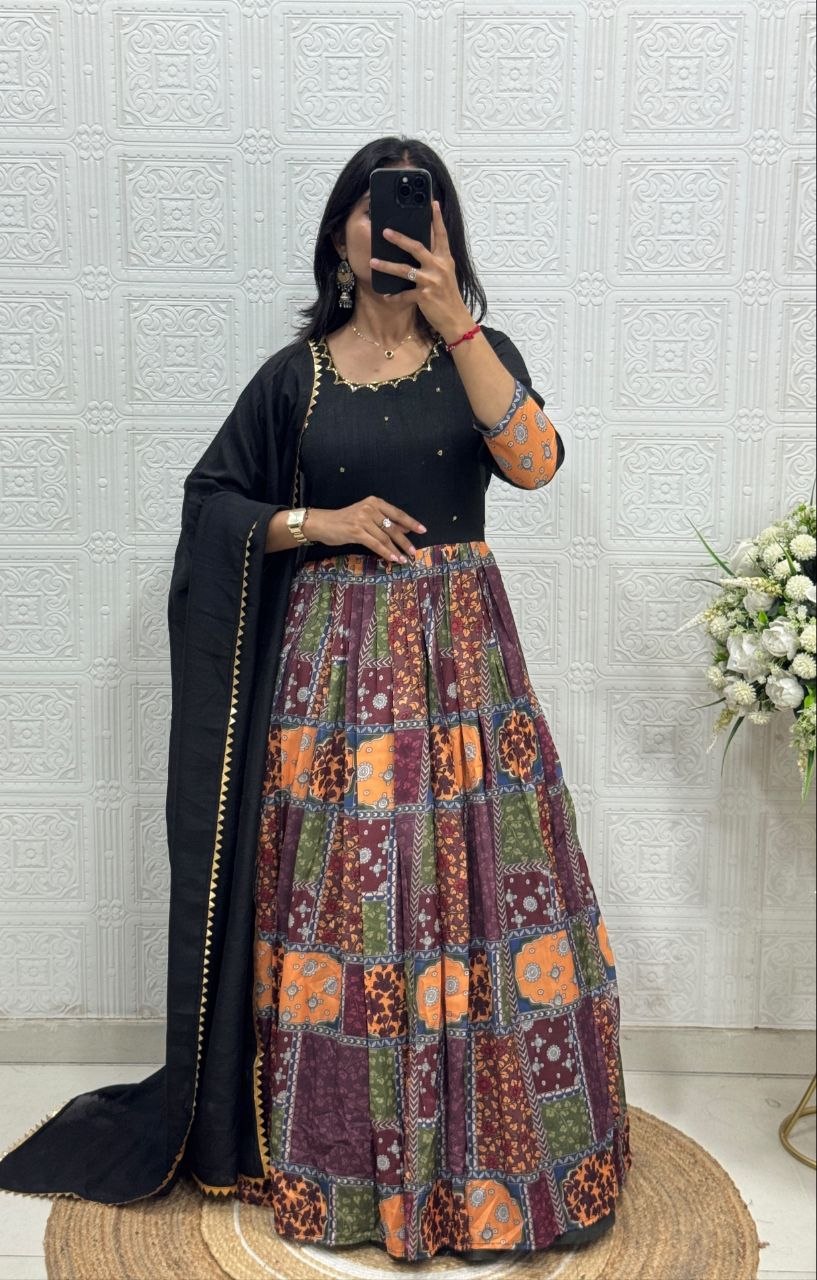 Aayushi Vichitra Silk & Muslin Handwork Gown with Lace Border Dupatta