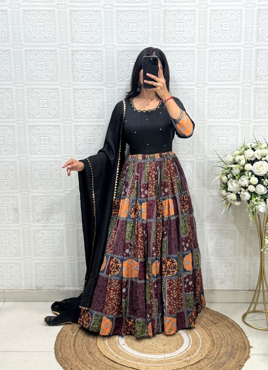 Aayushi Vichitra Silk & Muslin Handwork Gown with Lace Border Dupatta