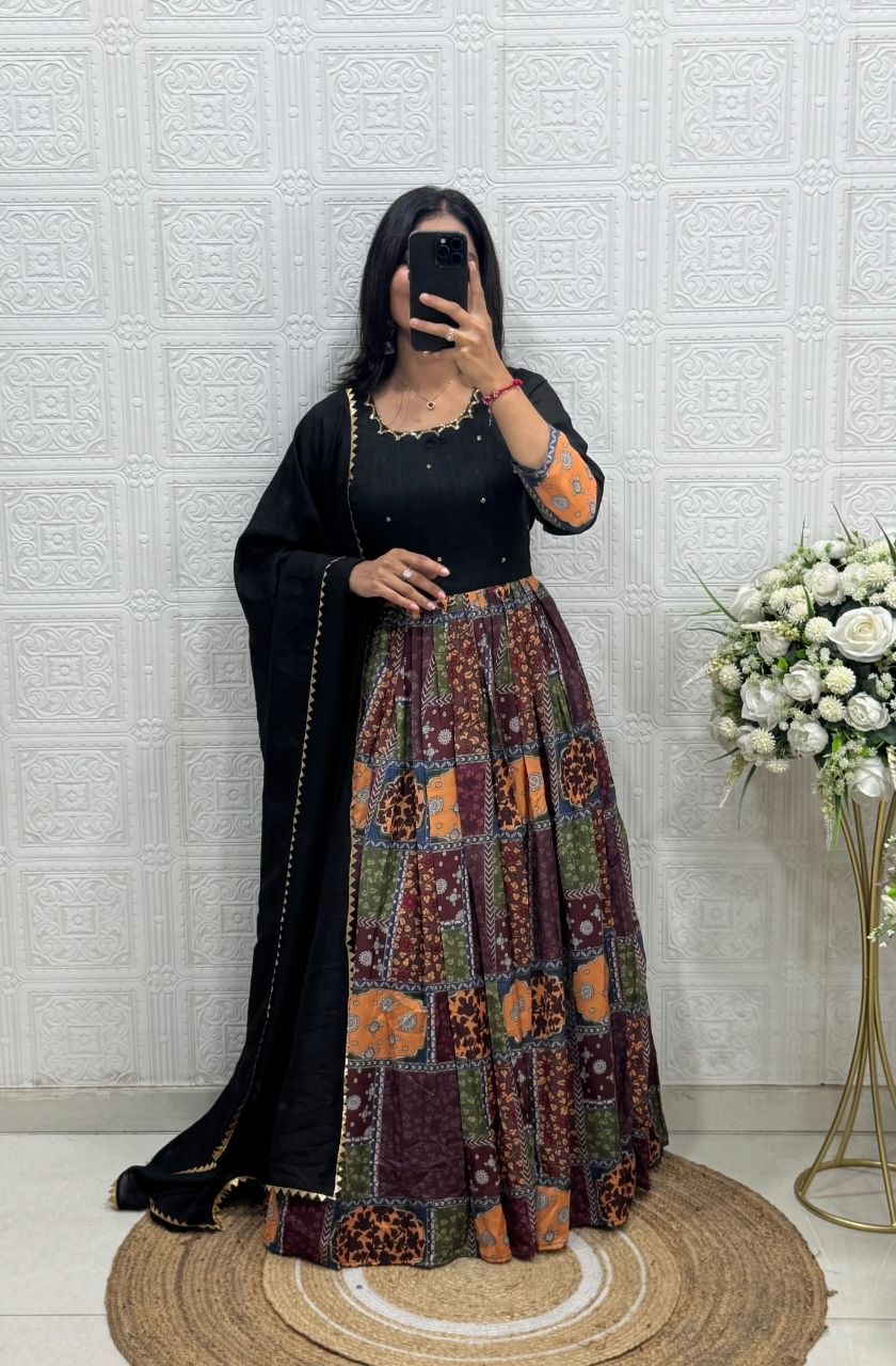 Aayushi Vichitra Silk & Muslin Handwork Gown with Lace Border Dupatta