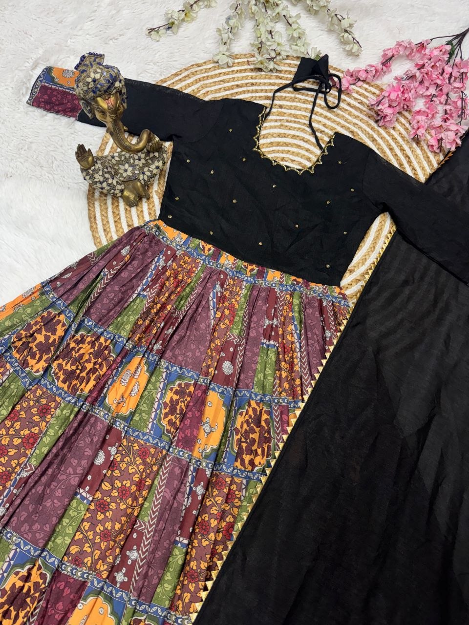 Aayushi Vichitra Silk & Muslin Handwork Gown with Lace Border Dupatta
