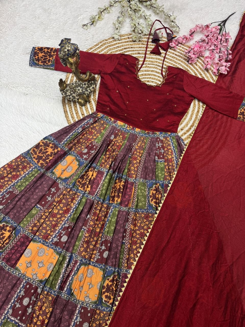 Aayushi Vichitra Silk & Muslin Handwork Gown with Lace Border Dupatta