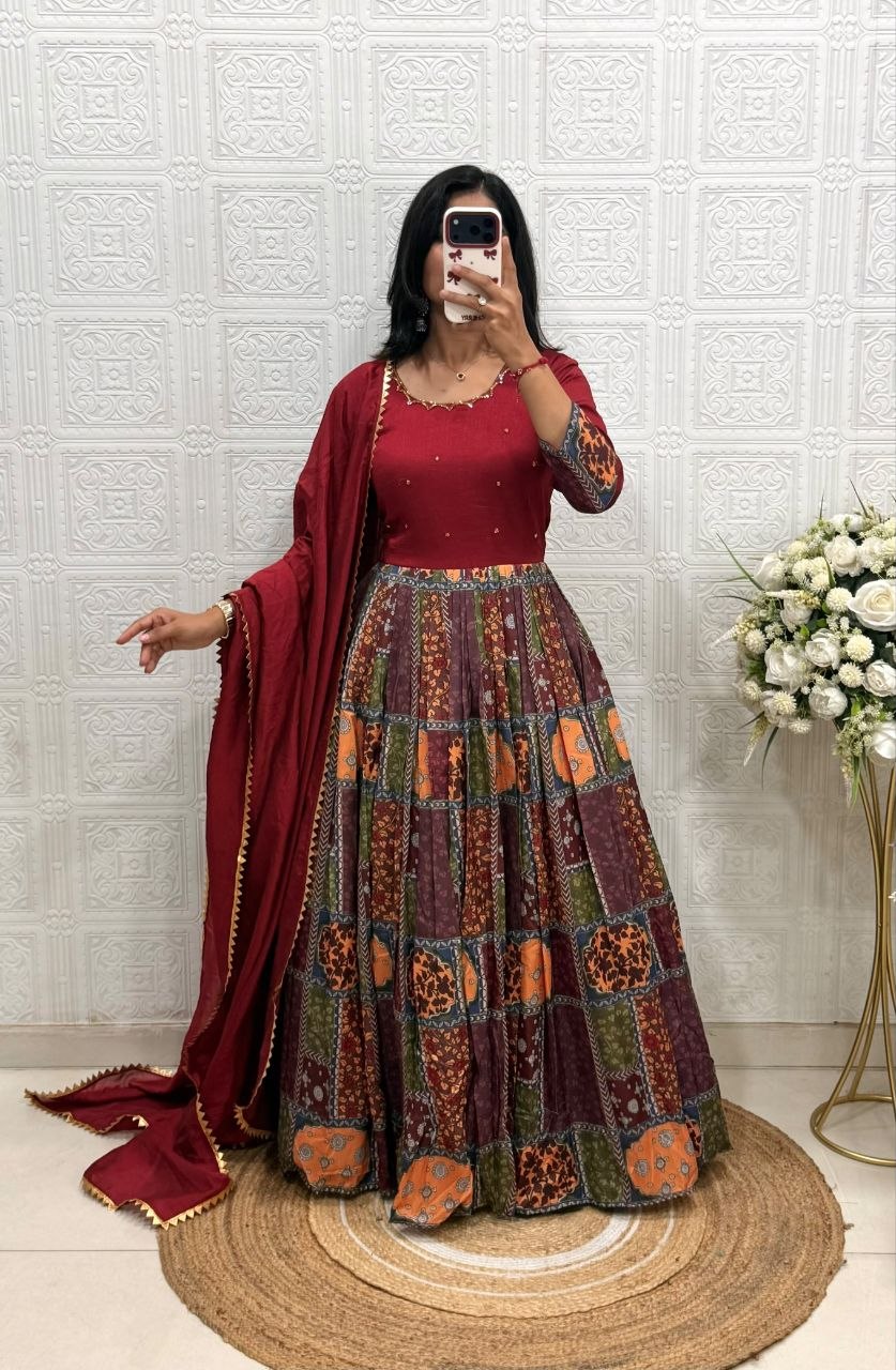 Aayushi Vichitra Silk & Muslin Handwork Gown with Lace Border Dupatta