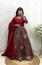Aayushi Vichitra Silk & Muslin Handwork Gown with Lace Border Dupatta