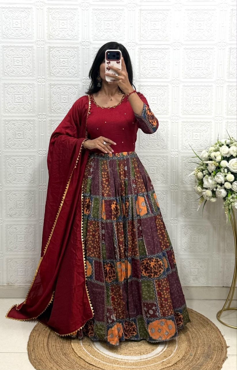 Aayushi Vichitra Silk & Muslin Handwork Gown with Lace Border Dupatta