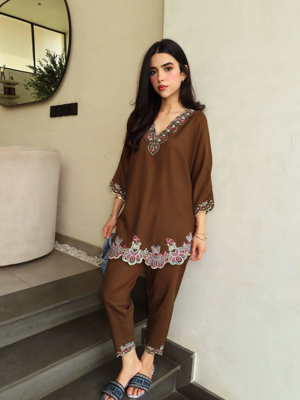 Elara French Crepe Embroidered Top Palazzo Co-Ord Set with Fully Stitched Pants